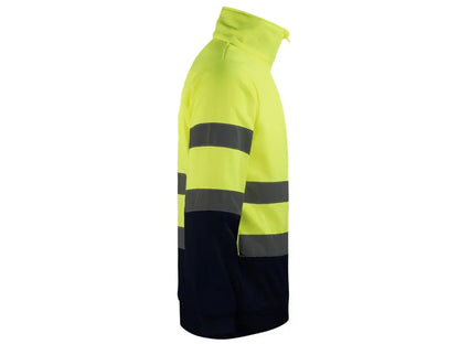 Felpa Alta Visibilità bicolore  Giallo-Blu con mezza zip, interno in pile spazzolato, bande riflettenti cucite, Classe 2.  Vista laterale