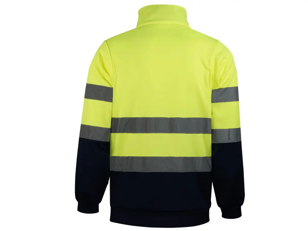 Felpa Alta Visibilità bicolore  Giallo-Blu con mezza zip, interno in pile spazzolato, bande riflettenti cucite, Classe 2.  Vista posteriore