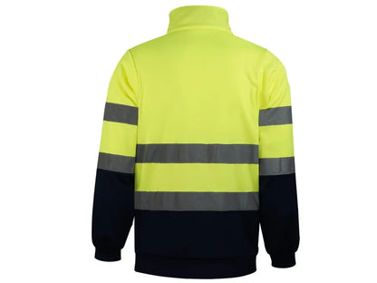 Felpa Alta Visibilità bicolore  Giallo-Blu con mezza zip, interno in pile spazzolato, bande riflettenti cucite, Classe 2.  Vista posteriore