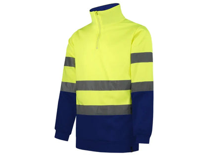 Felpa Alta Visibilità bicolore  Giallo-Blu con mezza zip, interno in pile spazzolato, bande riflettenti cucite, Classe 2. 