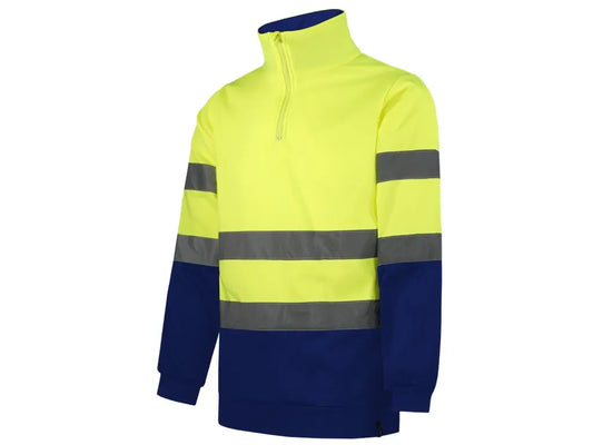 Felpa Alta Visibilità bicolore  Giallo-Blu con mezza zip, interno in pile spazzolato, bande riflettenti cucite, Classe 2. 