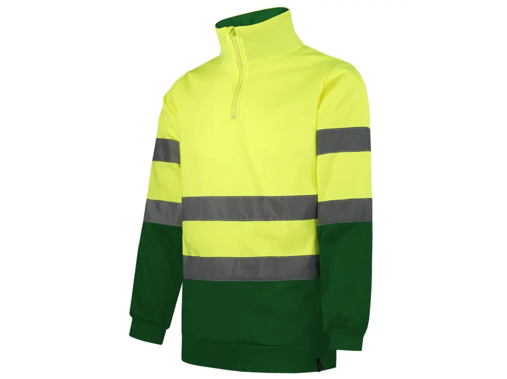 Felpa Alta Visibilità bicolore  Giallo-Verde con mezza zip, interno in pile spazzolato, bande riflettenti cucite, Classe 2.  