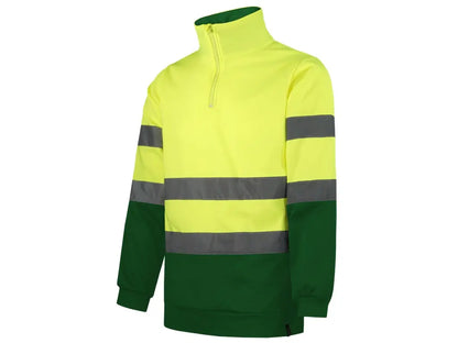 Felpa Alta Visibilità bicolore  Giallo-Verde con mezza zip, interno in pile spazzolato, bande riflettenti cucite, Classe 2.  