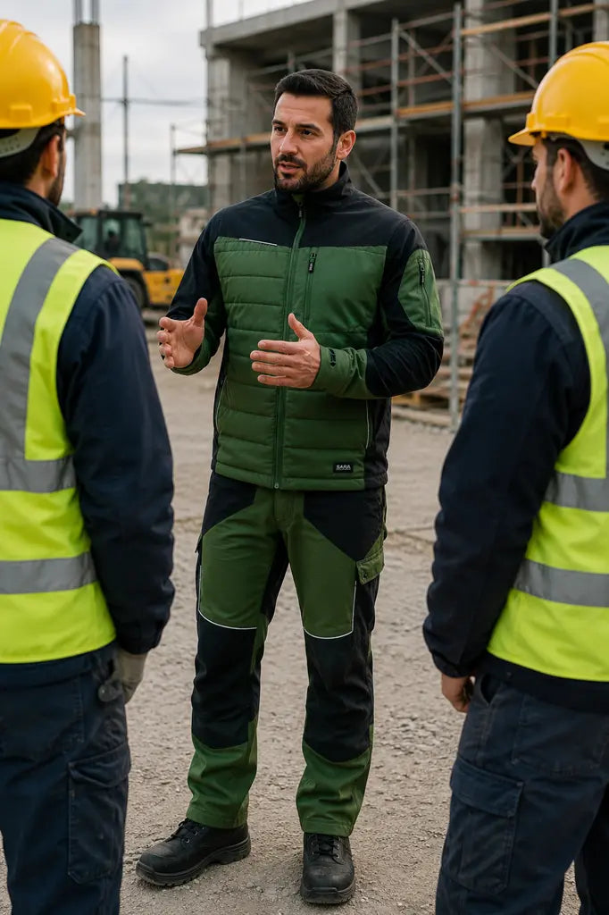 Tecnico di cantiere che indossa la Felpa Ibrida COMFORT PLUS durante una riunione operativa in cantiere – PWSTORE