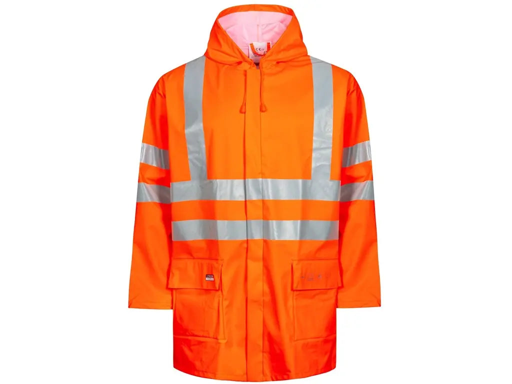 Giacca antipioggia alta visibilità ignifuga PU >20.000 mm con cappuccio per casco – PWSTORE
