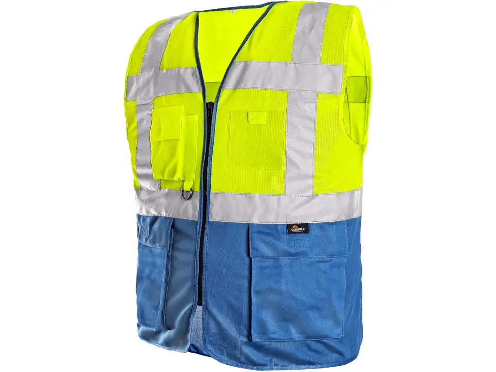 Gilet alta visibilità bicolore giallo blu con bande riflettenti – PWSTORE