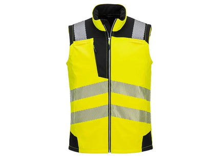 Gilet da lavoro Softshell alta visibilità Giallo PW3, antivento e impermeabile, bande riflettenti HiVisTex Pro, tasche multiple