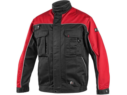 Giacca da lavoro Orion da uomo nera con inserti rossi, elastico in vita e chiusura con zip coperta, adatta per logistica e officina
