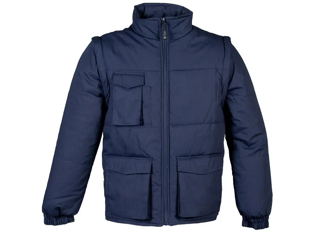 Giubbotto da lavoro Alabama blu navy con maniche staccabili, imbottito e multitasche, vista frontale.