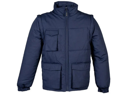 Giubbotto da lavoro Alabama blu navy con maniche staccabili, imbottito e multitasche, vista frontale.