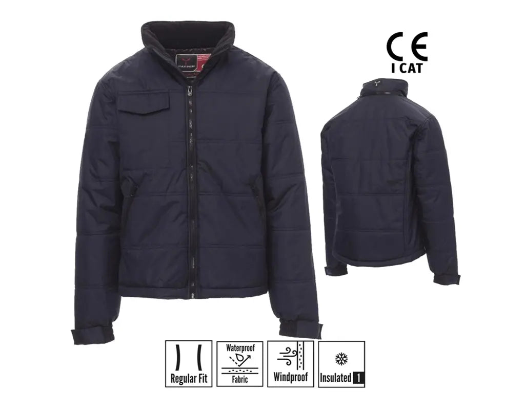 Giubbotto da lavoro GALAXY PAYPER blu navy trapuntato con cappuccio richiudibile e colletto in pile.