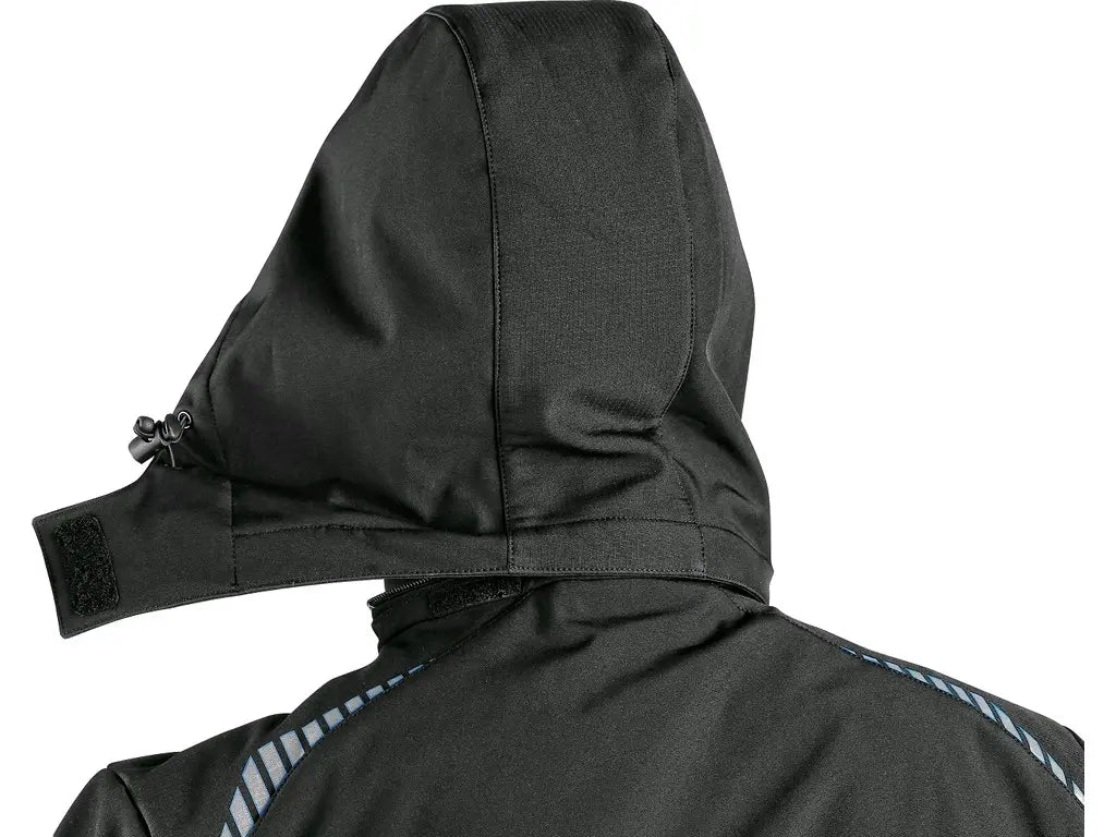 Giubbotto da lavoro NORFOLK softshell, impermeabile 8.000 mm, antivento, con cappuccio staccabile e inserti riflettenti. Nero/Blu - Cappuccio