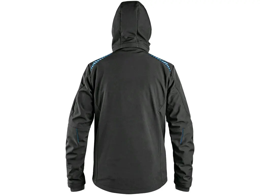 Giubbotto da lavoro NORFOLK softshell, impermeabile 8.000 mm, antivento, con cappuccio staccabile e inserti riflettenti. Nero/Blu - Posteriore