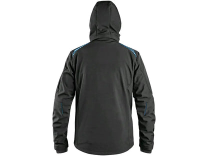 Giubbotto da lavoro NORFOLK softshell, impermeabile 8.000 mm, antivento, con cappuccio staccabile e inserti riflettenti. Nero/Blu - Posteriore
