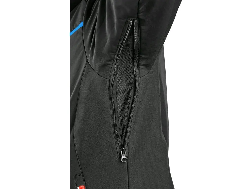 Giubbotto da lavoro NORFOLK softshell, impermeabile 8.000 mm, antivento, con cappuccio staccabile e inserti riflettenti. Nero/Blu - Ventilazione