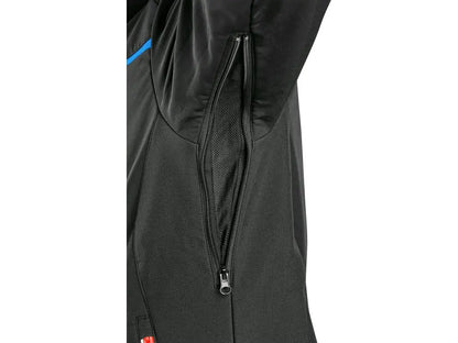 Giubbotto da lavoro NORFOLK softshell, impermeabile 8.000 mm, antivento, con cappuccio staccabile e inserti riflettenti. Nero/Blu - Ventilazione