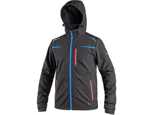 Giubbotto da lavoro NORFOLK softshell, impermeabile 8.000 mm, antivento, con cappuccio staccabile e inserti riflettenti. Nero/Blu