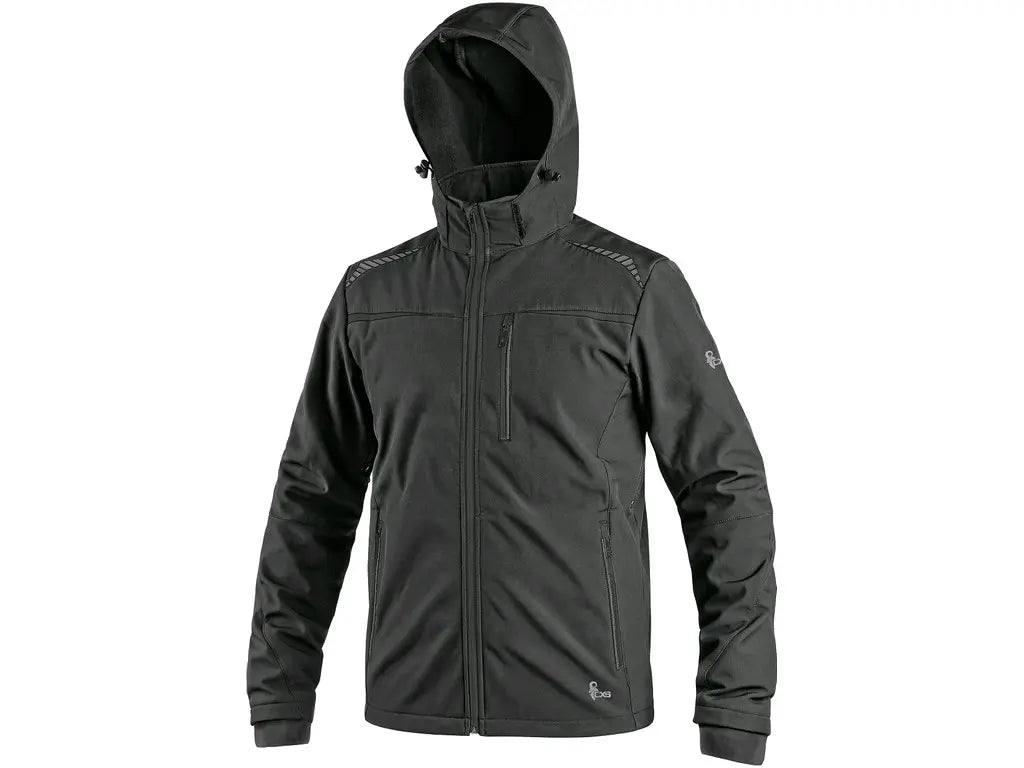 Giubbotto da lavoro NORFOLK softshell, impermeabile 8.000 mm, antivento, con cappuccio staccabile e inserti riflettenti. Nero