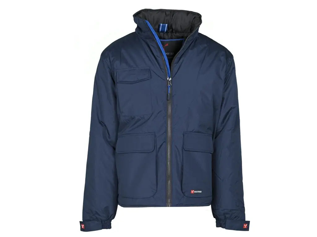 Giubbotto da lavoro RENEGADE PAYPER imbottito blu navy con cappuccio richiudibile vista frontale.
