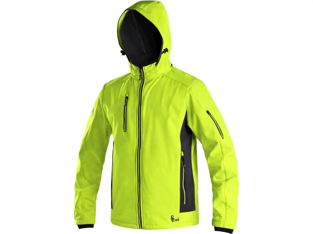 Giubbotto Softshell da lavoro DURHAM giallo fluo impermeabile e antivento con cappuccio rimovibile.
