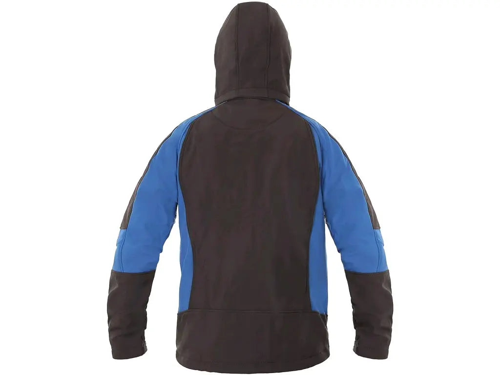 Giubbotto da lavoro softshell SACRAMENTO uomo grigio-blu 10.000 mm / 3.000 g, cappuccio staccabile, dettagli riflettenti, vista posteriore – PWSTORE