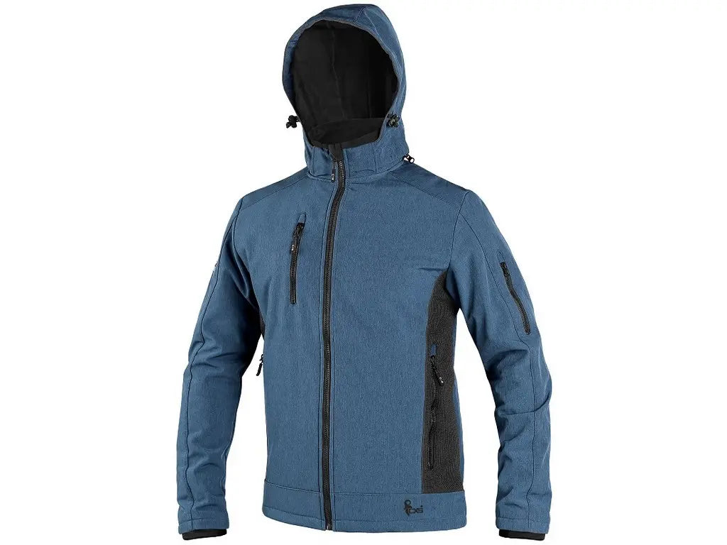 Giubbotto Softshell da lavoro DURHAM blu-nero impermeabile e antivento con cappuccio rimovibile.
