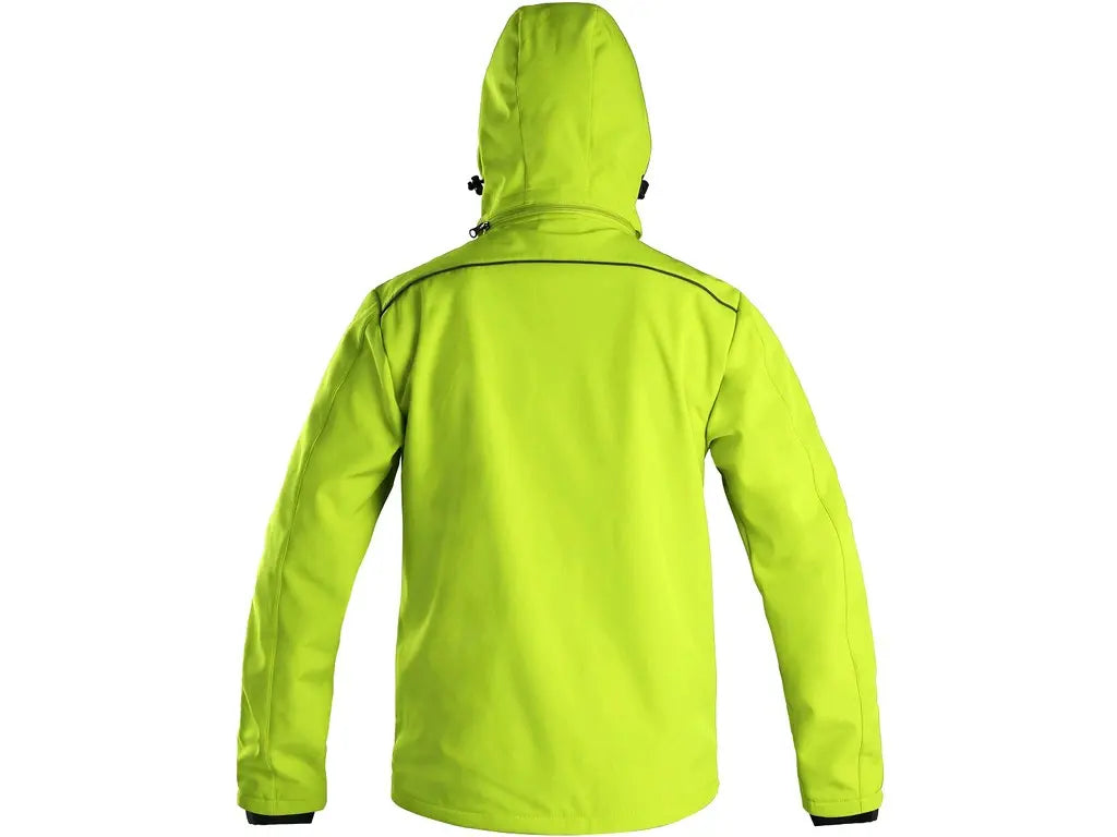 Vista posteriore del giubbotto Softshell DURHAM giallo fluo con cappuccio e vestibilità ergonomica.