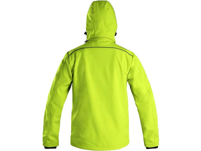 Vista posteriore del giubbotto Softshell DURHAM giallo fluo con cappuccio e vestibilità ergonomica.
