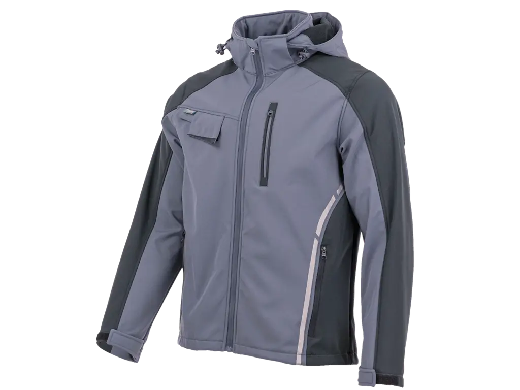 Giubbotto Softshell da lavoro STANDARD PLUS grigio e nero con cappuccio rimovibile, antivento e impermeabile.