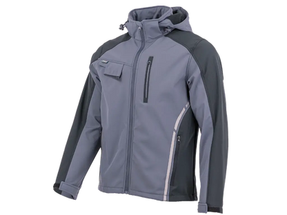 Giubbotto Softshell da lavoro STANDARD PLUS grigio e nero con cappuccio rimovibile, antivento e impermeabile.