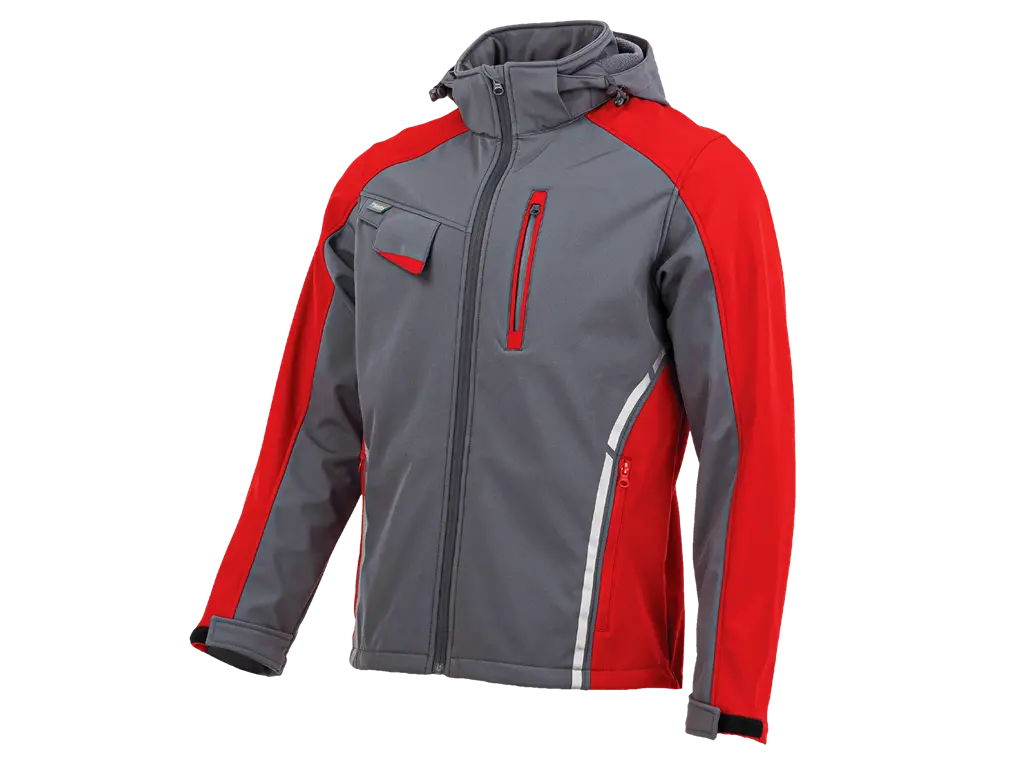 Giubbotto Softshell da lavoro STANDARD PLUS grigio e rosso con cappuccio rimovibile, antivento e impermeabile.
