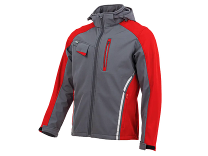 Giubbotto Softshell da lavoro STANDARD PLUS grigio e rosso con cappuccio rimovibile, antivento e impermeabile.