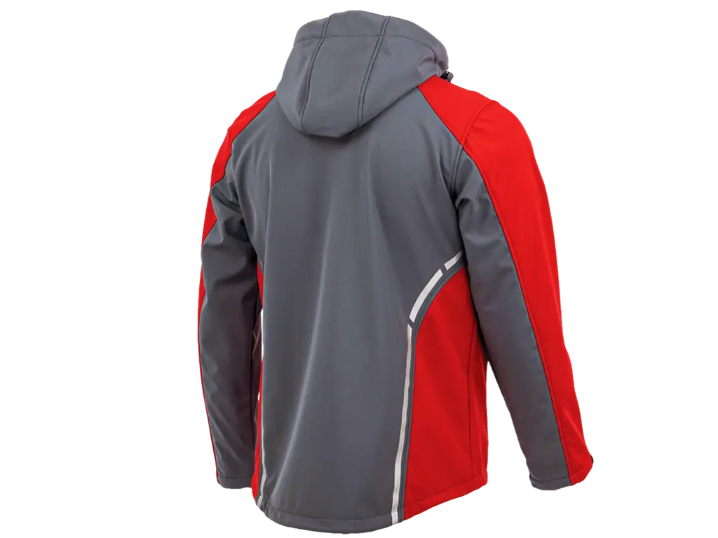 Vista posteriore del giubbotto Softshell STANDARD PLUS grigio e rosso con cappuccio regolabile.