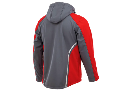 Vista posteriore del giubbotto Softshell STANDARD PLUS grigio e rosso con cappuccio regolabile.