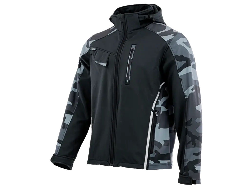 Giubbotto Softshell da lavoro STANDARD PLUS nero e militare con cappuccio rimovibile, antivento e impermeabile.