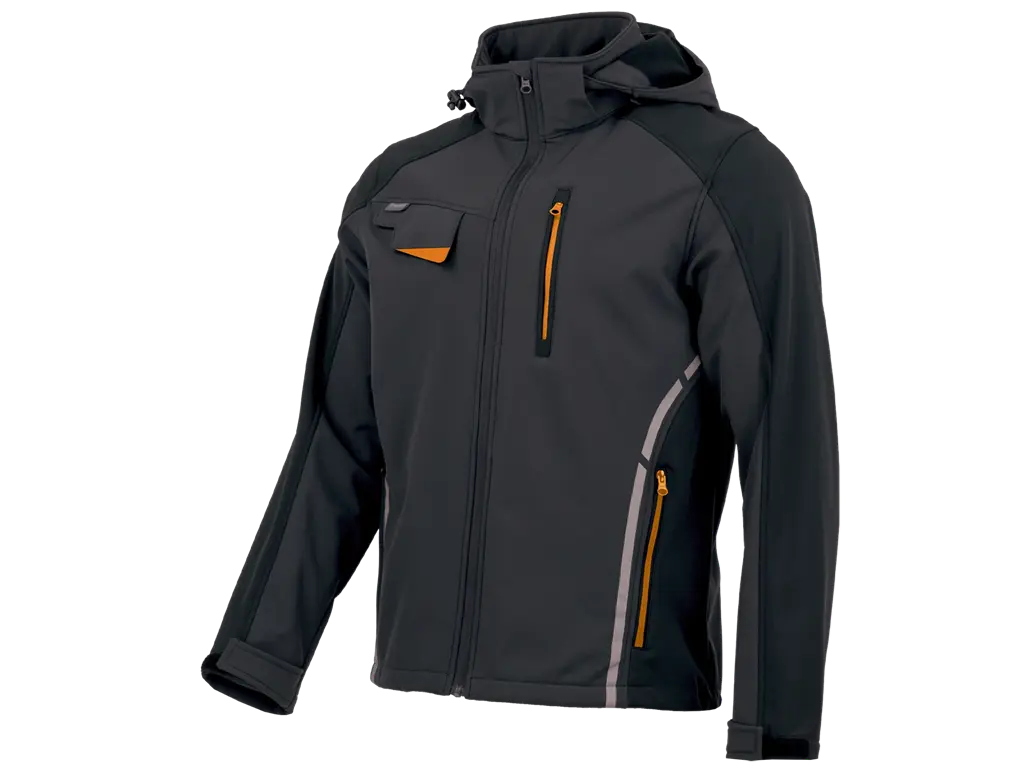 Giubbotto Softshell da lavoro STANDARD PLUS nero e antracite con cappuccio rimovibile, antivento e impermeabile.