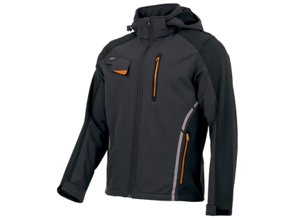 Giubbotto Softshell da lavoro STANDARD PLUS nero e antracite con cappuccio rimovibile, antivento e impermeabile.