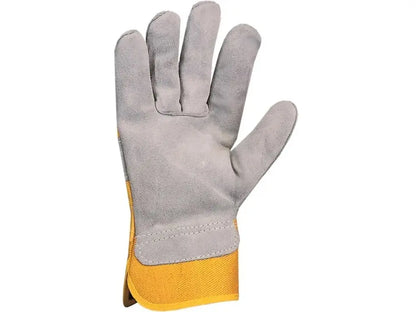 Guanti da lavoro combinati in pelle crosta bovina e tessuto cotone giallo con fodera e manichetta rigida. Vista palmo