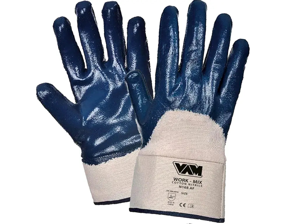Guanto NBR antiolio con palmo spalmato e dorso areato blu/bianco – WORK MIX – PWSTORE