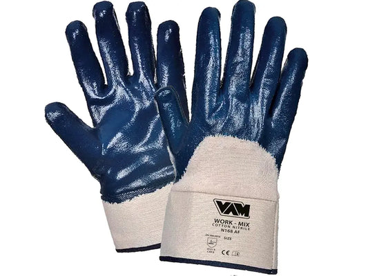 Guanto NBR antiolio con palmo spalmato e dorso areato blu/bianco – WORK MIX – PWSTORE