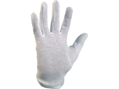 Guanti MAWA bianchi in tessuto di cotone con puntinatura PVC e polsino elastico, vista palmo – fourchette – Cat. I EN ISO 21420 – PWSTORE
