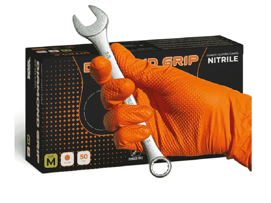 Guanto monouso nitrile arancio DIAMOND GRIP senza polvere AQL 1.5 – EN 1186 – PWSTORE
