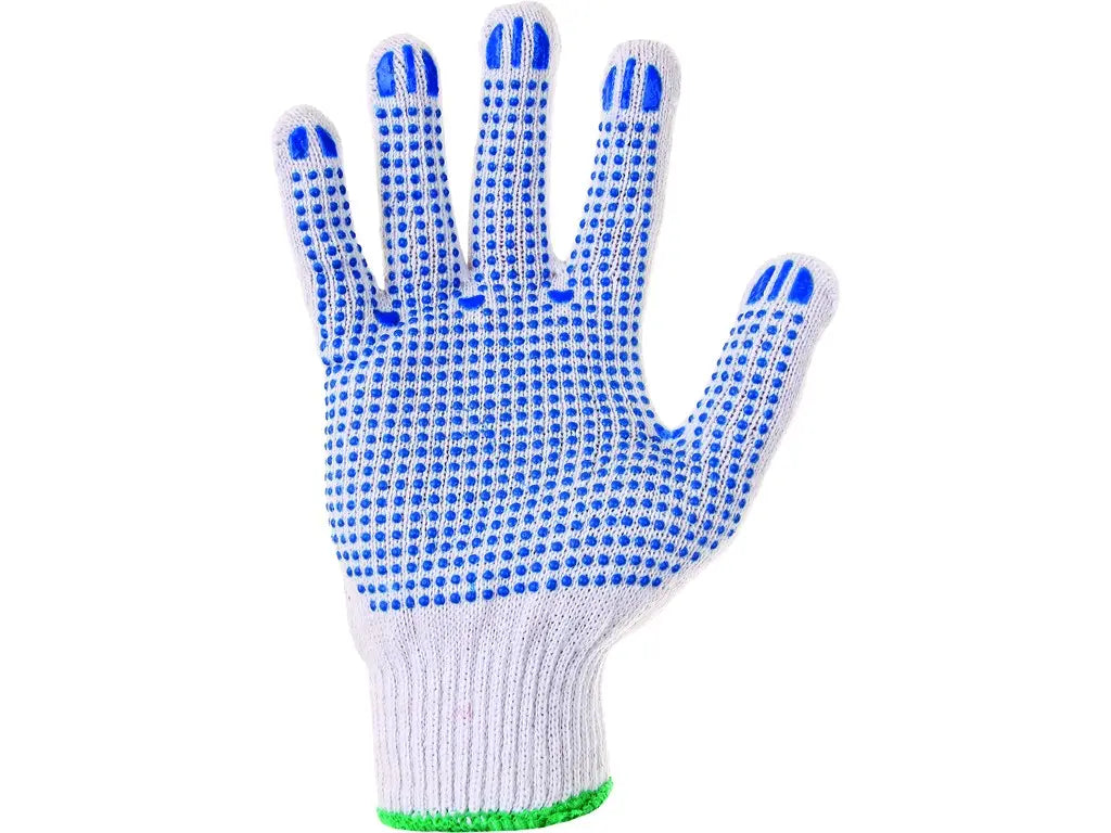 Guanti FALO in tessuto misto cotone/poliestere con puntinatura PVC e polsino elastico, vista palmo – Cat. I, EN ISO 21420 – PWSTORE