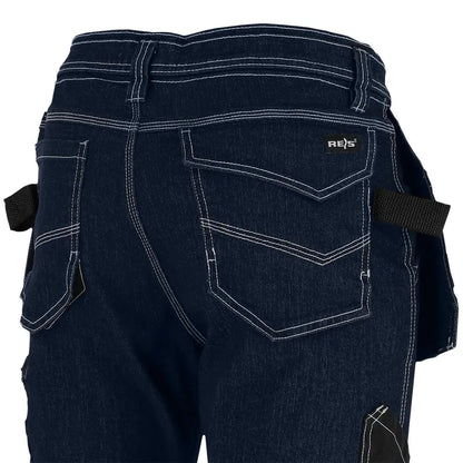 vista posteriore dei Jeans da lavoro uomo in denim stretch multitasche, tasche porta attrezzi. Comodi e resistenti per uso professionale.