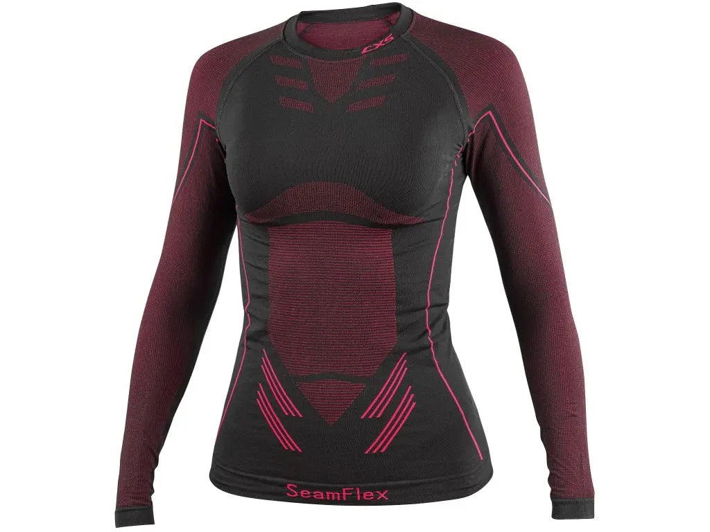 Maglia termica SeamFlex da donna nera e rosa senza cuciture, intimo tecnico traspirante a manica lunga vista frontale.