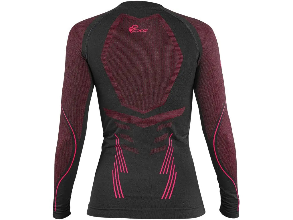 Vista posteriore della maglia termica SeamFlex da donna senza cuciture, intimo tecnico elasticizzato nero e rosa.