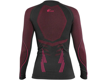 Vista posteriore della maglia termica SeamFlex da donna senza cuciture, intimo tecnico elasticizzato nero e rosa.