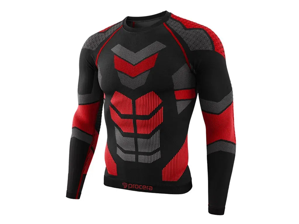 Maglia termica ICELAND da uomo nero e rosso, intimo tecnico elasticizzato e traspirante.