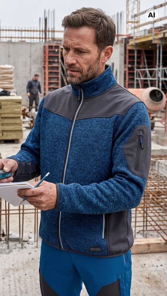Operatore con felpa da lavoro Comfort Plus blu nero con inserti softshell in cantiere
