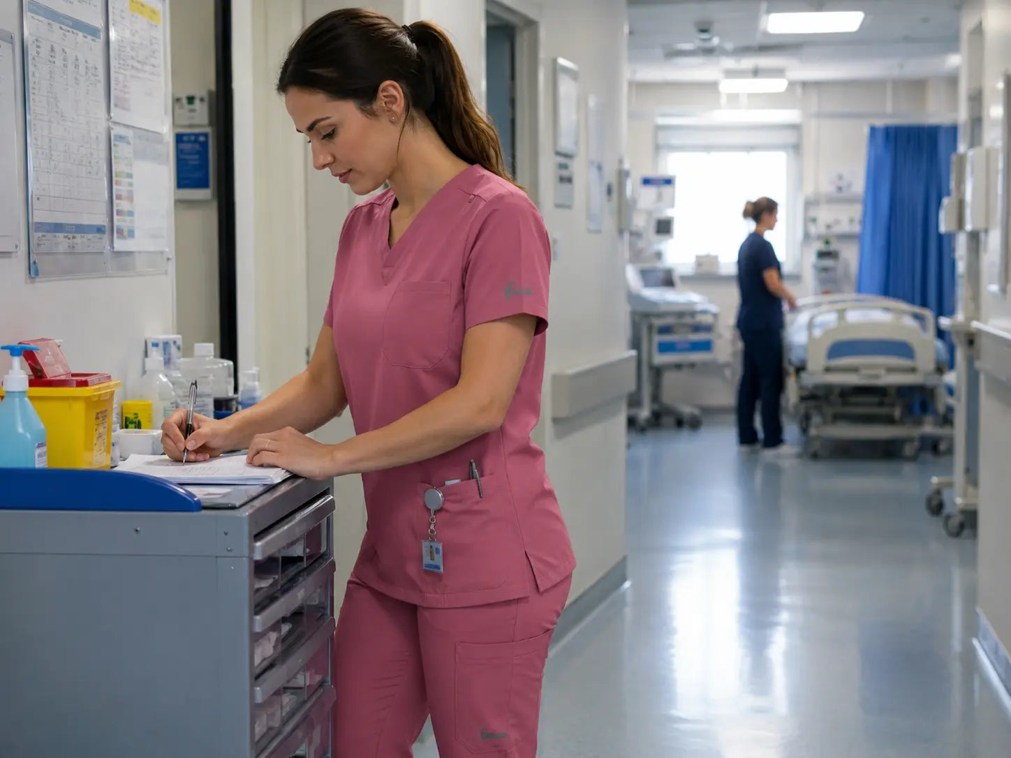 Operatrice sanitaria al lavoro in ospedale con casacca e pantaloni donna CORE-X rosa in tessuto elasticizzato 4-Way Stretch.